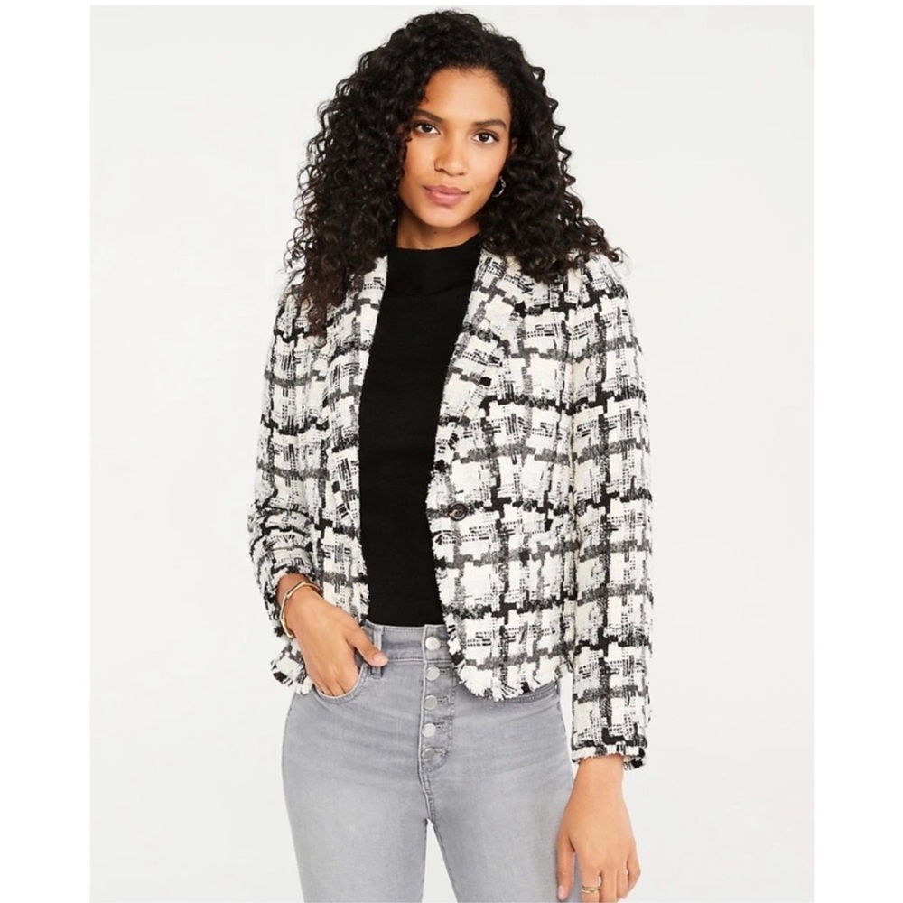 Ann Taylor Metallic Tweed Plaid Single Breasted Fringe Blazer Jacket Preppy 12